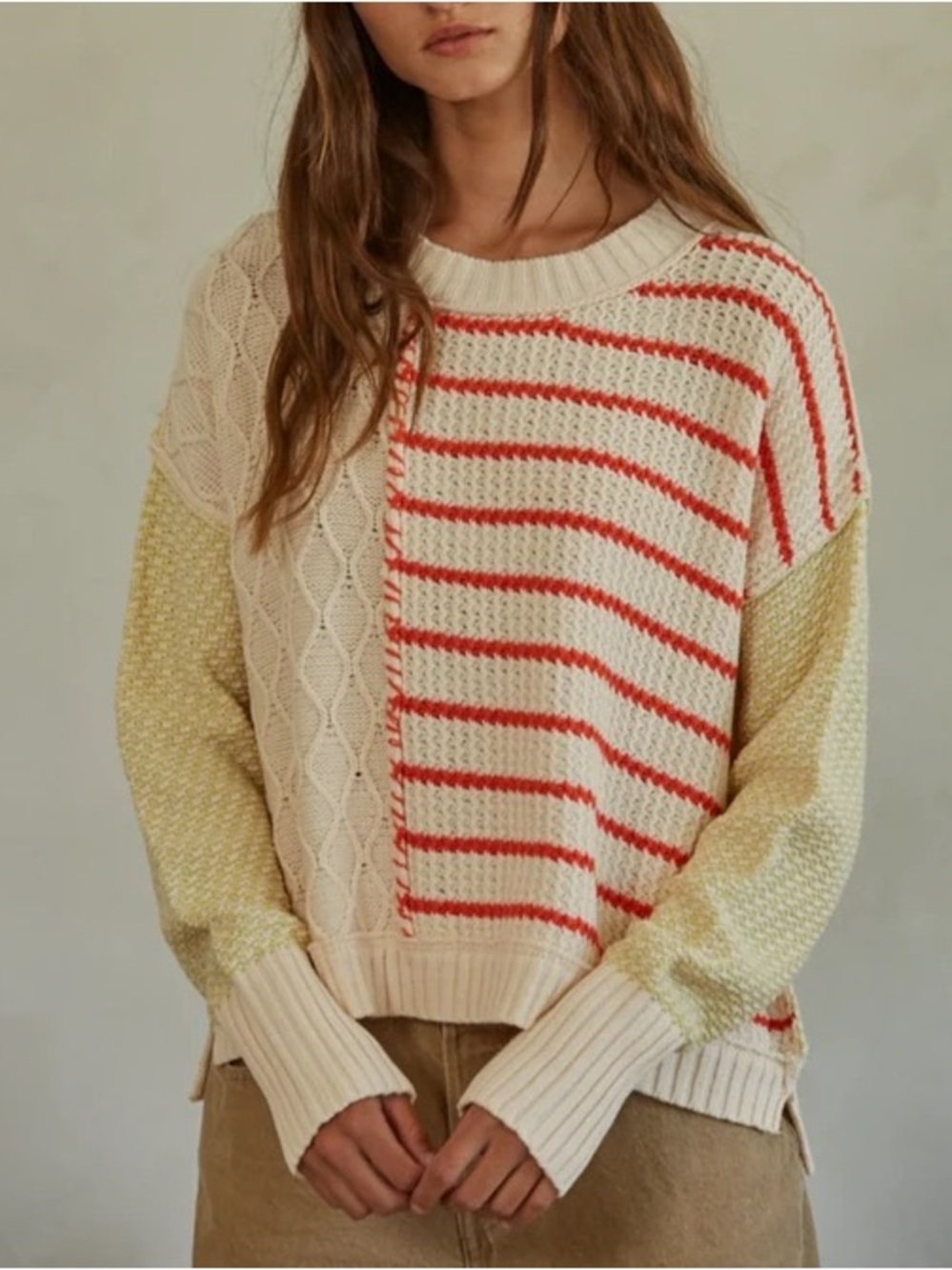 By Together Cream Sweater with Coral Stripes & Pale Yellow Sleeves